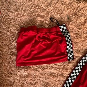 Matching silk set tube top and pants.